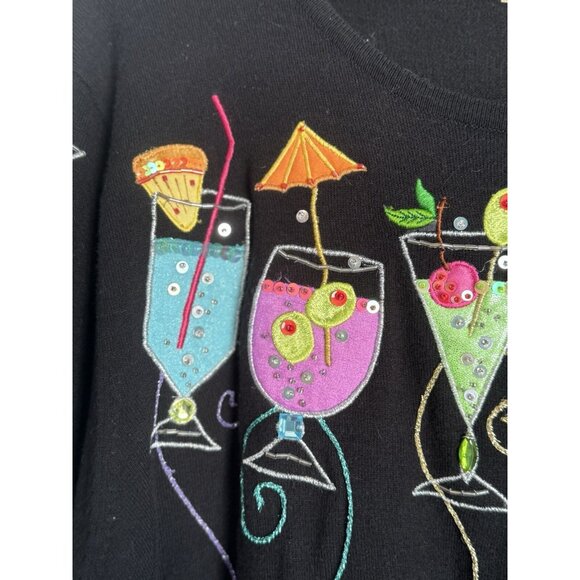 Design Options Womens Embroidered Cardigan XL Martini Wine Glasses Holiday Party - Picture 6 of 16